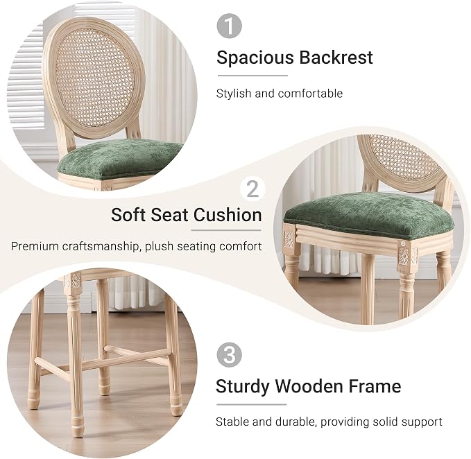 French Country Barstool, Linen Farmhouse Counter Height Chair | Set of 2, with Rattan Round Back and Solid Wood Legs, Oval Chairs for Restaurant, Bar, Kitchen, Café, Green - Image 4