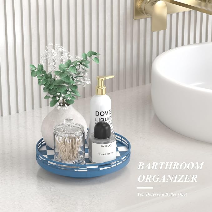Blue and White Checkerboard Lazy Susan with Rubberwood Base and Metal Rail | Smooth rotating oak tray with walnut finish for dining tables, kitchen counters, pantries and cabinet storage. - Image 3