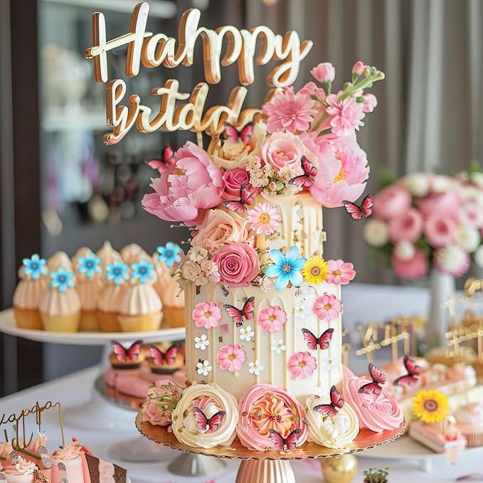 55 Pcs Edible Flowers & Butterflies Cake Decorations - Cupcake Toppers for Wedding, Birthday Party Food (Mixed Size & Colour) - Image 5