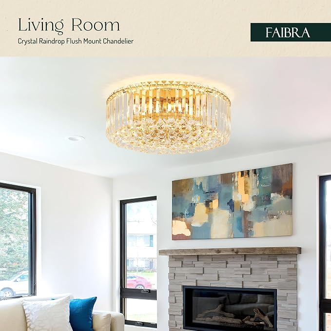 17.3" Gold K9 Crystal Raindrop Flush Mount Ceiling Light, Modern Chandelier, Round Luxury Light Fixture for Dining Room, Bedroom, Hallway, Kitchen Island & Living Room - Image 3