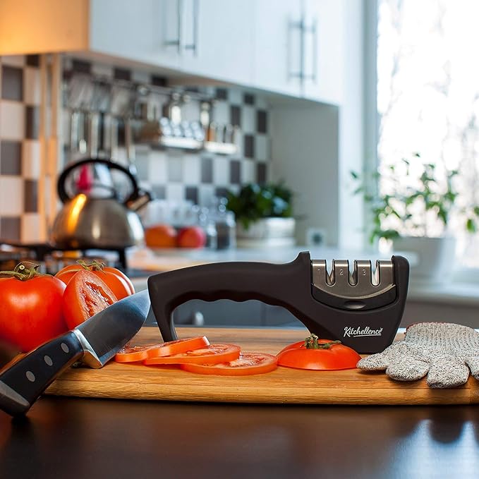 4-in-1 Kitchen Knife Accessories: 3-Stage Knife Sharpener Helps Repair, Restore, Polish Blades and Cut-Resistant Glove (Black) - Image 4