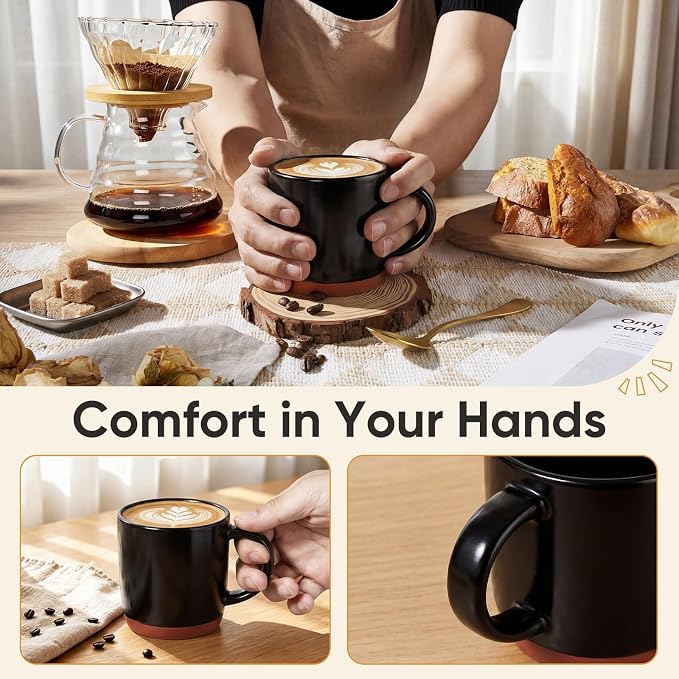 E-far Ceramic Coffee Mug Set of 4, 12oz Stoneware Coffee Cup with Handle, Porcelain Tea Cups, Modern Farmhouse Latte Mug Gift Set for Women & Men, Microwave Safe, Matte Black - Image 6