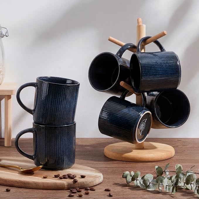 E-far 12 oz Coffee Mugs Set of 6, Stoneware Coffee Cups with Handle for Man Woman, Modern Ribbed Ceramic Tea Mugs for Latte Cocoa Milk, Microwave & Dishwasher Safe, Midnight Blue - Image 7