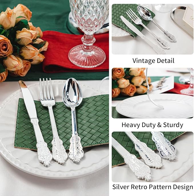 N9R 120PCS Silver Plastic Silverware, Vintage Disposable Utensils & Cutlery | 40 Fancy Forks, Spoons, Knives, Heavy Duty, BPA-Free, for Party, Weddings, Birthday & Holiday - Image 3