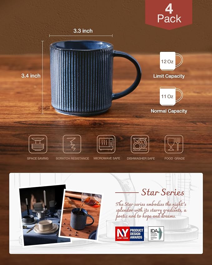famiware Coffee Mug Set for 4, Star 12 oz Catering Mugs Cup Set with Handle for Coffee, Tea, Cocoa, Milk - Ceramic Stoneware Drinkware Set, Nebulas Blue - Image 4