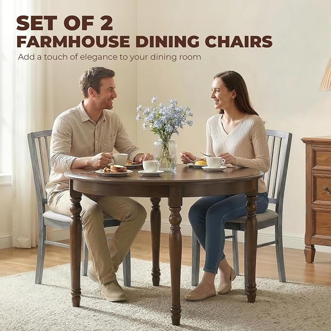 HOMCOM Farmhouse Dining Chairs Set of 2 Rubberwood Legs, Rustic Gray | Upholstered Linen Fabric, Kitchen Chairs, for Kitchen, Dining Room - Image 4