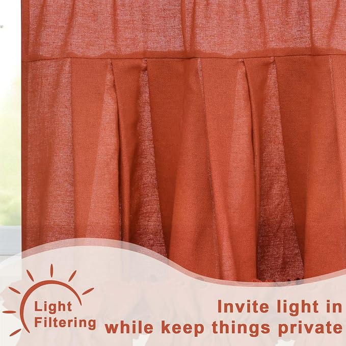 Likiyol Linen Valances for Windows Farmhouse Window Valances with Ruffle Rustic Country Light Filtering Kitchen Valance Curtains Rod Pocket Valance for Bathroom Cafe, Orange, 52" W X 18" L - Image 4