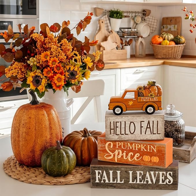 Moucuny 4 Pcs Fall Decoration for Home Fall Truck Decor Thanksgiving Tiered Tray Decor Rustic Wooden Truck Block Sign Thanksgiving Centerpiece Autumn Table Decorations for Harvest Party Kitchen Home - Image 6