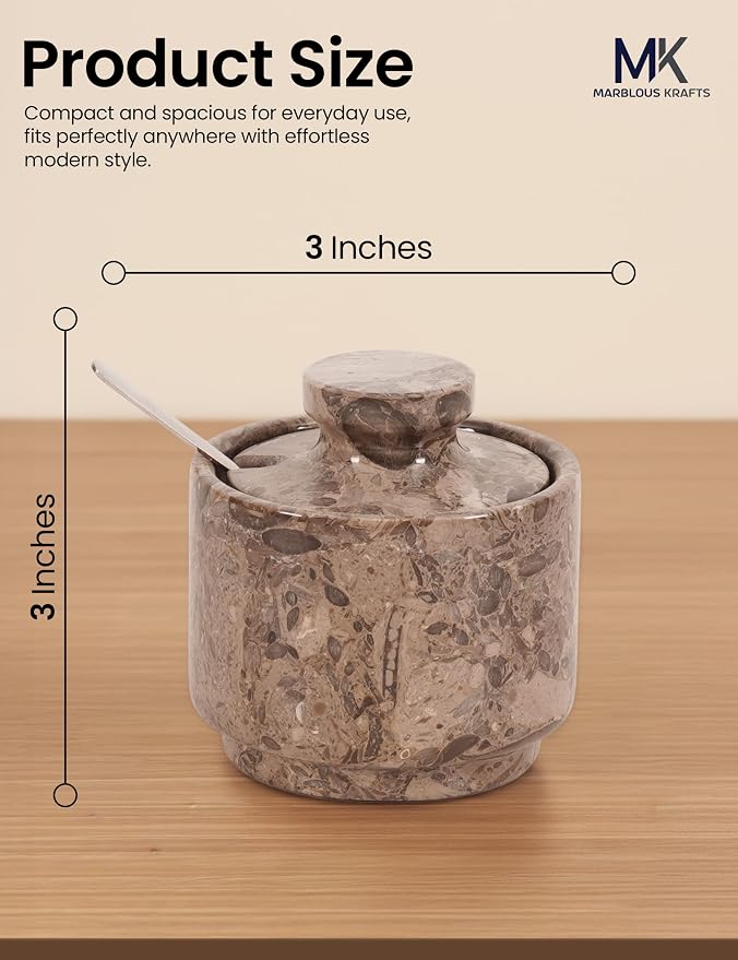 MARBLOUS KRAFTS Marble Salt Cellar 3" Inch Oceanic Flaky Salt Holder for Countertop, Set of 2 Spice Boxes, Brown Sugar Keeper, and Sugar Jar with Lid & Spoon, Perfect for Kitchen Storage - Image 3