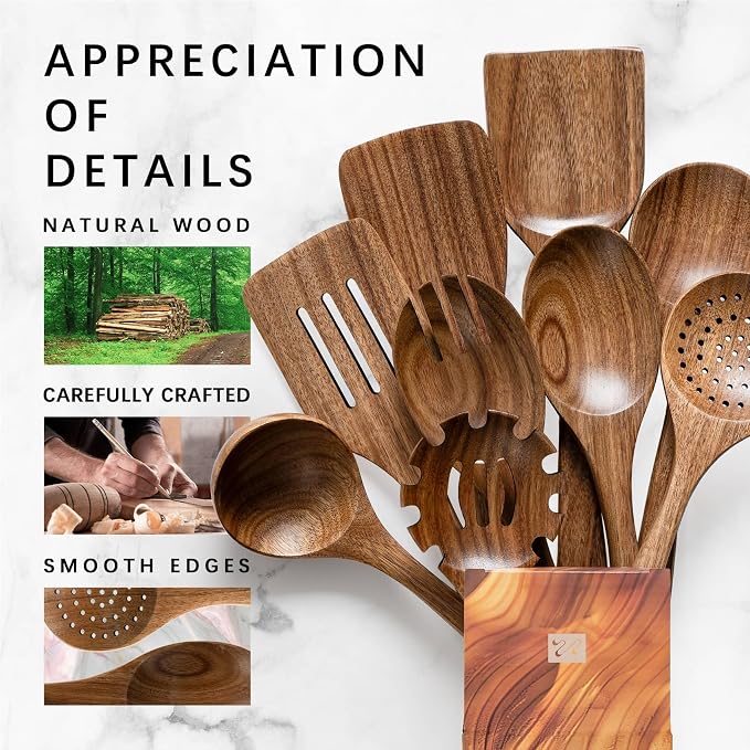 Wooden Spoons for Cooking, 9-Piece Acacia Wood Cooking Utensil Set | Spoons and spatulas stir, mix, flip and serve; balanced handles offer control while staying gentle on nonstick cookware. - Image 4