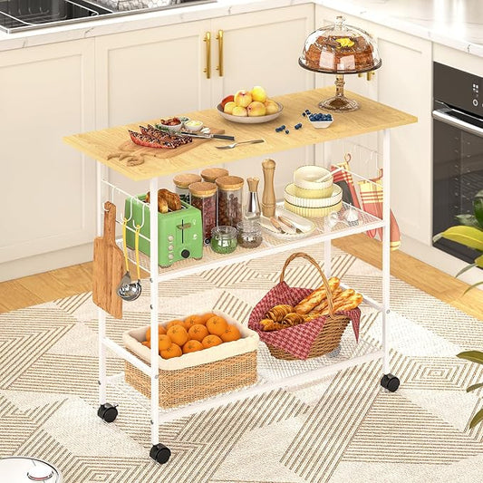 Kitchen Island with 3 Shelves, Rolling Kitchen Cart with 6 Hooks and Protective Shelf, Microwave Stand on Lockable Wheels, Bakers Rack Coffee Bar for Dining, Living Room, Outdoor, Metal Frame, White by ThreeHio