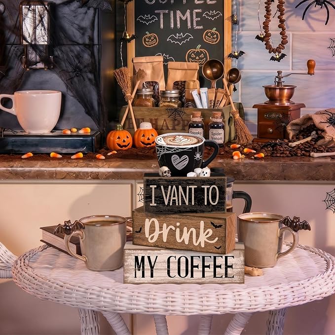 Moucuny 4 Pcs Halloween Table Decorations Spooky Coffee Wooden Stacked Block Decor, "I Vant to Drink My Coffee" Signs with Ghost Mug Topper, Halloween Tiered Tray Decor for Home Office Kitchen Bar - Image 7