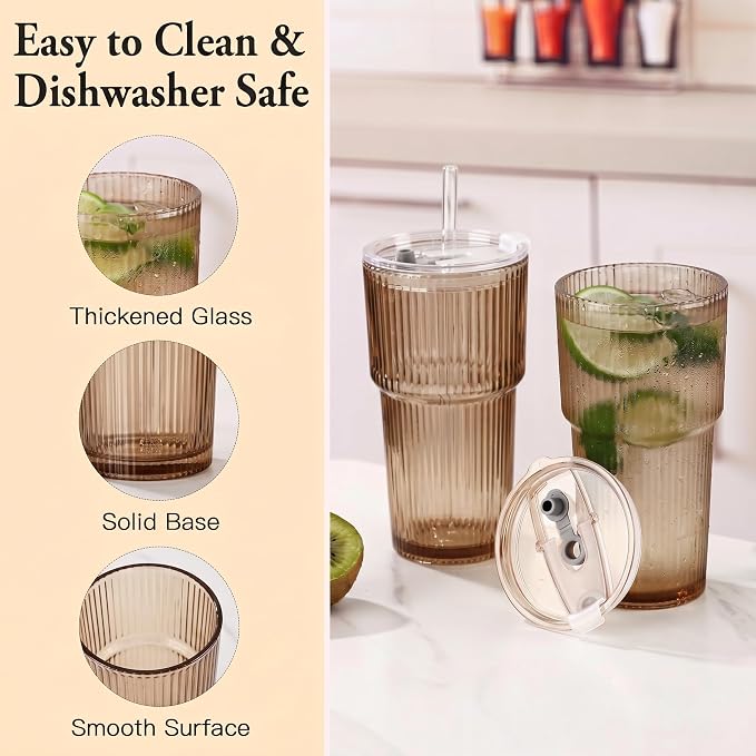 4PCS Gray Glass Cups with Lids and Straws, 20oz Vintage Drinking Glasses, Aesthetic Iced Coffee Cups, Glass Tumbler for Boba, Beer, Tea, Cocktails, Grey Ribbed Glassware Set (Gray-4) - Image 2