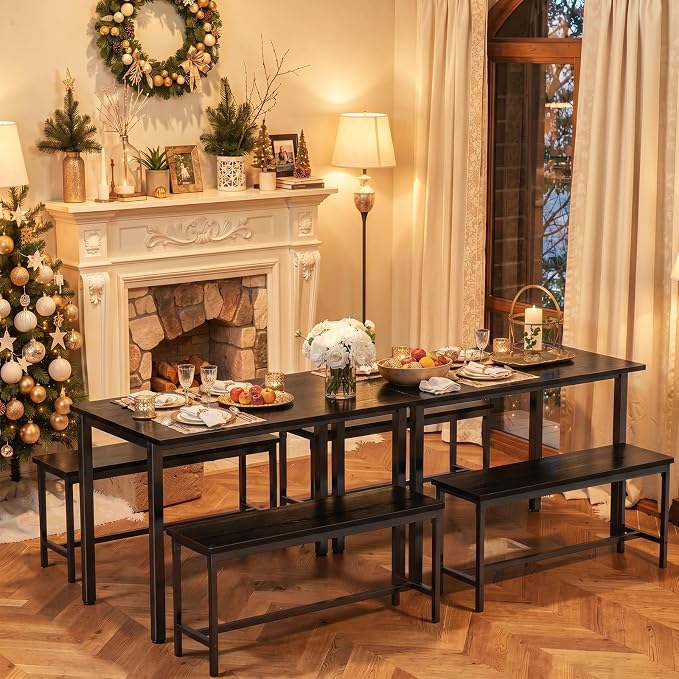 Dining Table Set for 4, Kitchen Table with 2 Benchs, Black | Modern Functional 3 Piece Space-Saving Dining Room Table Set for Apartment, Breakfast Nook, Small Space - Image 9