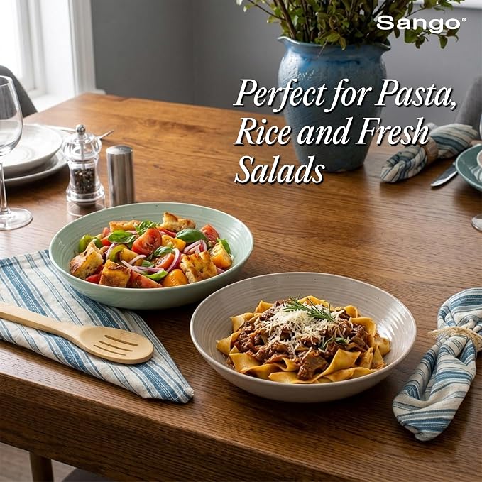 Sango Siterra Artist's Blend Stoneware Pasta Bowls (Set of 4) Multi Assorted Colors– Featuring Soft Gray, Blue, Green, and Ivory, for Everyday Dining & Entertainment, Microwave & Dishwasher Safe - Image 9