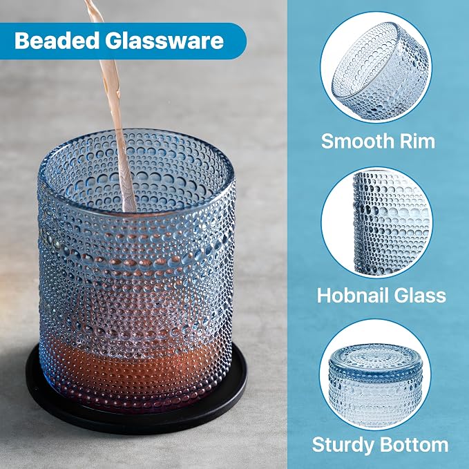 Hobnail Drinking Glasses Set of 12 with 6 Coasters, Blue | 6 Highball Glasses (14.5 oz), 6 Old Fashioned Glasses (10 oz) and 6 Silicone Coasters for Water, Whiskey and Cocktails - Image 6