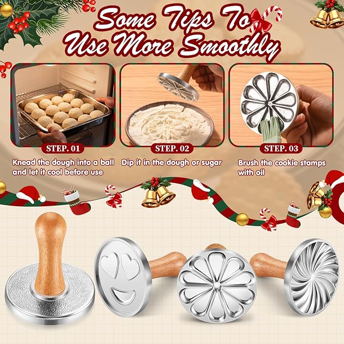 OPPEIN Cookie Stamps, Metal Christmas Cookies Press Cutter Mold with Wooden Handle, Cookie Decorating Supplies for DIY Baking, Cake, Pastry, Christmas (Silver-3*)