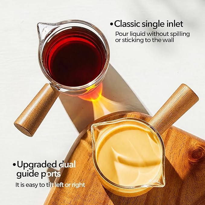 YARRAMATE 3.4oz Espresso Cups with Wood Handle, Clear Glass Espresso Accessories, Double Spout Measuring Cup with Dual Scale, Espresso Shot Glass with V-Shaped Spout