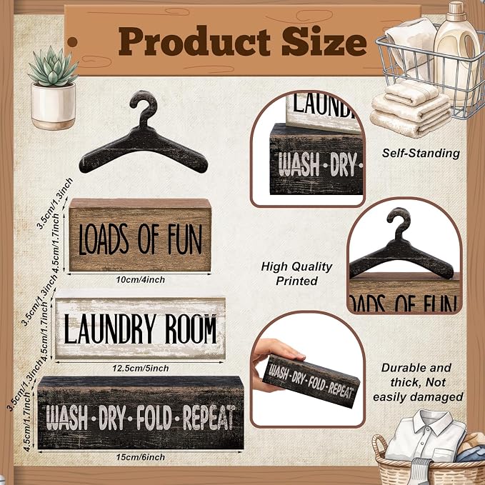 Moucuny 4 Pcs Farmhouse Laundry Room Decor and Accessories Stacked Blocks Loads of Fun Wash Dry Fold Repeat Wooden Signs Set with Vintage Hanger - Rustic Sign for Home Bathroom Shelf Housewarming Gift - Image 2