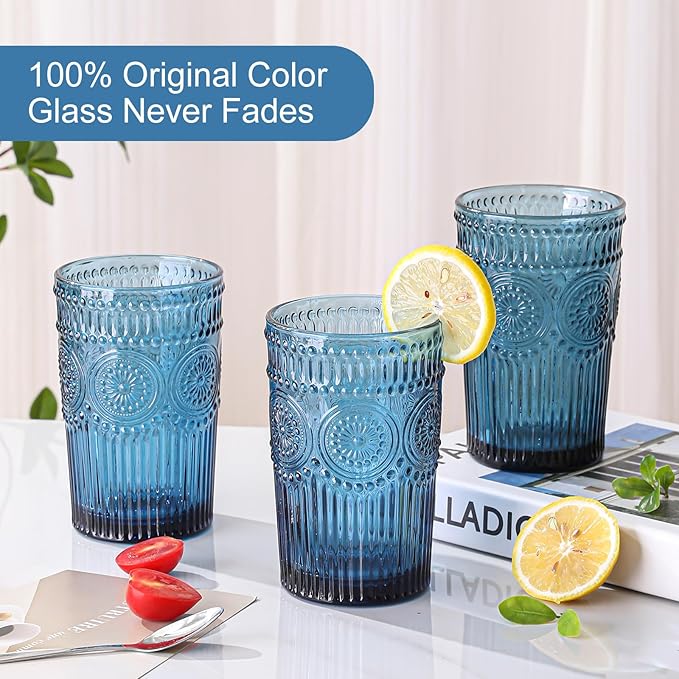 ZMOWIPDL Drinking Glasses Set of 6,13oz Flower Design Blue Glass Cups | Vintage Glassware,Textured Tumblers,Embossed Striped Drinkware for Water,Cocktails,Juice,Iced Coffee - Image 3
