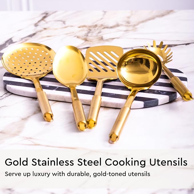 Gold Kitchen Utensils Set - 19-Piece Set Includes Stainless Steel Gold Utensils, White Silicone Tools, and Measuring Cups and Spoons - Luxury Kitchen Accessories for Modern Cooking, Serving, & Gifting | Stainless Steel, White Silicone Tools, and Measur... - Image 5