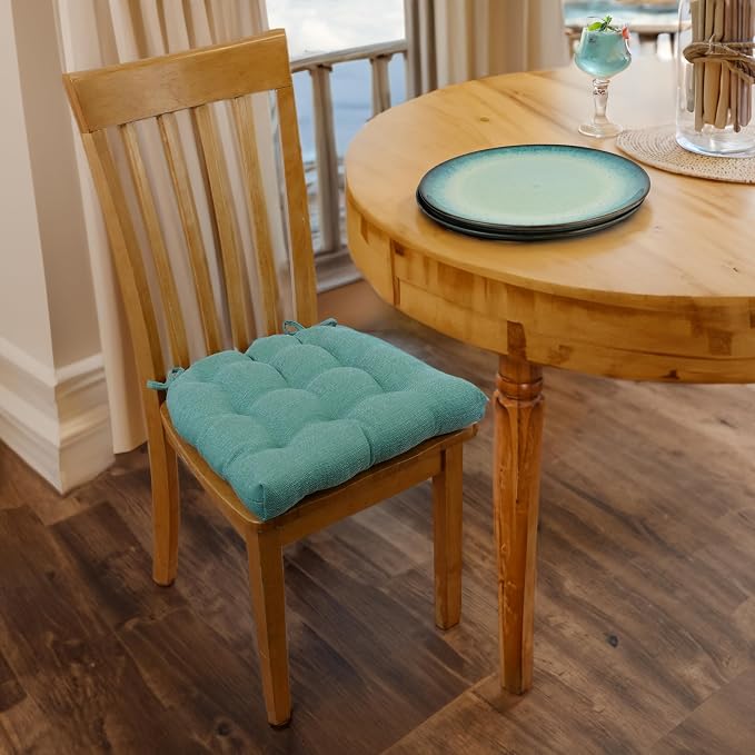 Barnett Home Decor Bravo Seaglass Dining Chair Pad with Ties - 16.5 x 18 Size Medium - Reversible, Latex Foam Fill Cushion, Machine Washable, Linen Look (Aqua) - Image 2