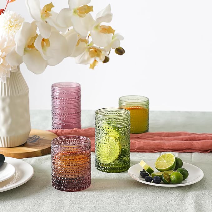Moretoes Colored Hobnail Drinking Glasses Set of 12,Vintage Glass Cups | Mixed Glassware, 6pcs 12oz Highballs and 6pcs 10oz Old Fashioned Glasses, Great for Cocktail, Whisky and Other Beverages - Image 4