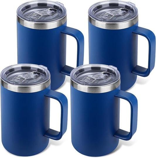 22oz Insulated Coffee Mug with Handle & Leak-Proof Lid - Double Wall Stainless Steel Travel Tumbler Bulk for Commute/Office/Home, Dark Blue, 4 Pack by Unknown