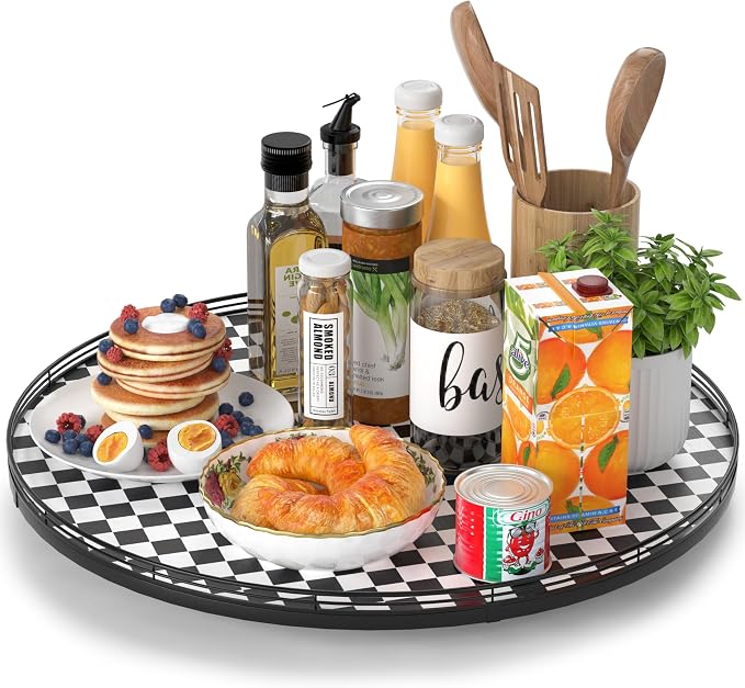 AMH 21-Inch Black and White Checkerboard Lazy Susan Decorative Tray | Smooth rotating oak tray with walnut finish for dining tables, kitchen counters, pantries and cabinet storage. by AMH