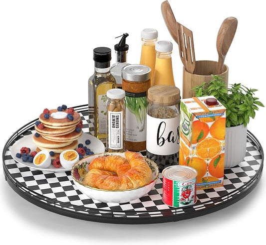 AMH 21-Inch Black and White Checkerboard Lazy Susan Decorative Tray | Smooth rotating oak tray with walnut finish for dining tables, kitchen counters, pantries and cabinet storage. by AMH