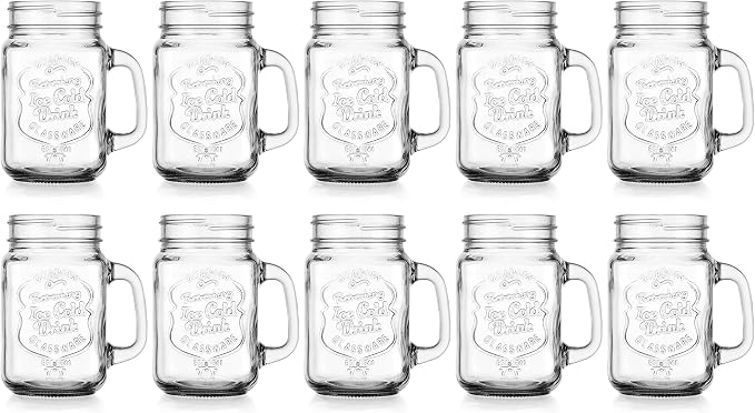Glaver's Set of 10 Ice Cold 16 Oz. Mason Drinking Glasses With Handles. Quality Refreshing Ice Cold Embossed Logo Jars for Beverages, Cocktails, Shakes, Smoothies, Sodas, Juice. - Image 7
