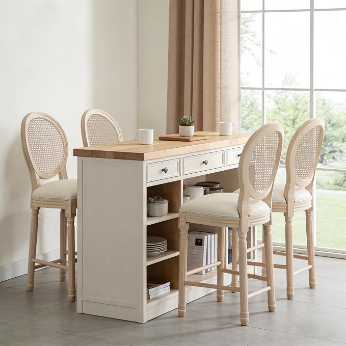 French Country Barstool, Linen Farmhouse Counter Height Chair | Set of 4, with Rattan Round Back and Solid Wood Legs, Oval Chairs for Restaurant, Bar, Kitchen, Café,Beige - Image 2