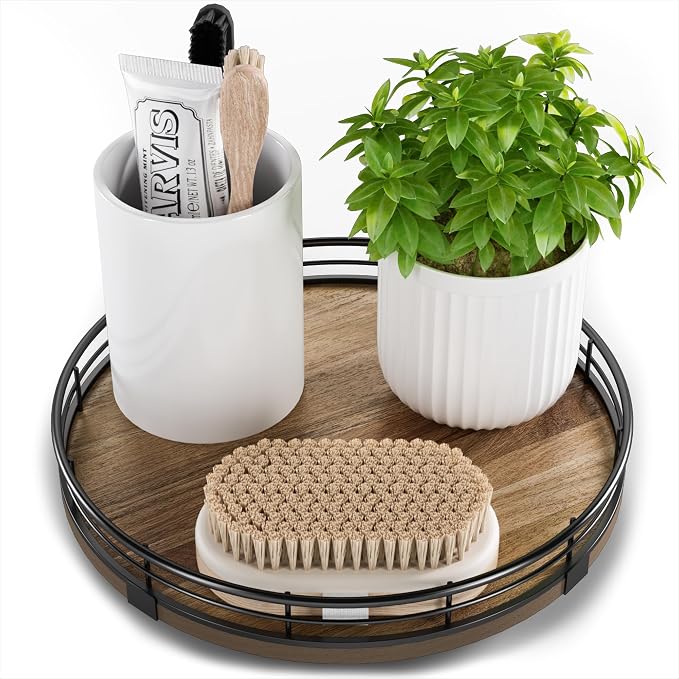 Acacia Wood 9" Bathroom Vanity Tray Turntable, Farmhouse Round Bathroom Countertop Organizer for Soap Perfume, Rotating Organizer for Kitchen Table Centerpieces, Decorative Trays for Coffee Table by HGF