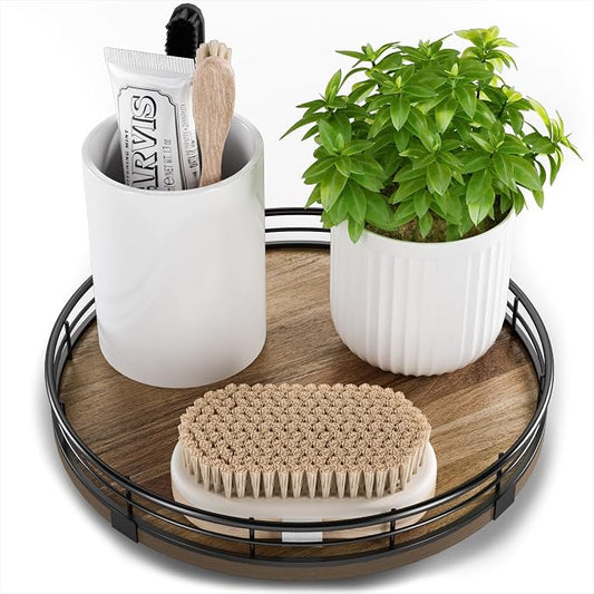 Acacia Wood 9" Bathroom Vanity Tray Turntable, Farmhouse Round Bathroom Countertop Organizer for Soap Perfume, Rotating Organizer for Kitchen Table Centerpieces, Decorative Trays for Coffee Table by HGF