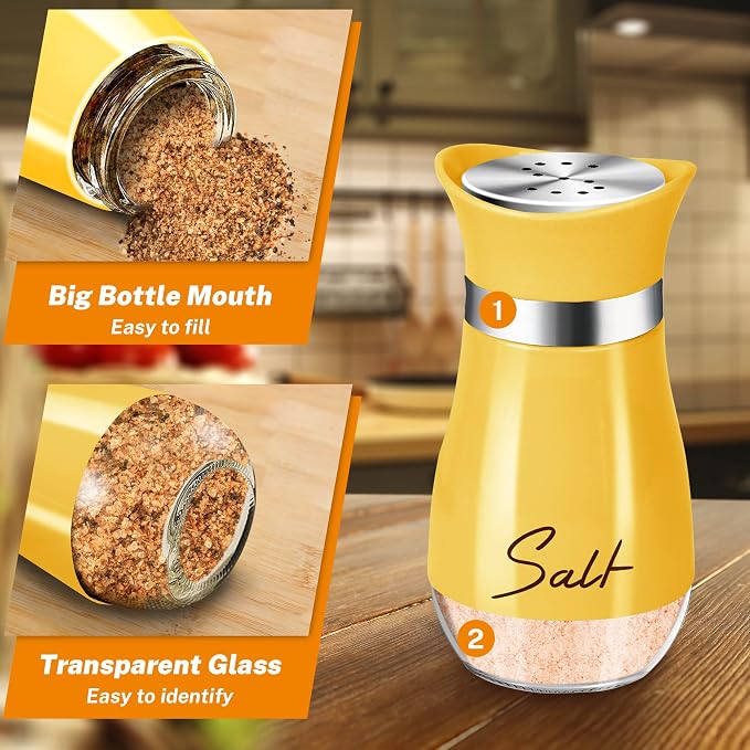 Salt and Pepper Shakers - 4 oz Yellow Glass Set with Stainless Steel Lids | Refillable Glass Shakers with Stainless Steel Lids for Cooking, Dining, RV Trips, Camping and BBQs; 4 oz Capacity Each. - Image 3