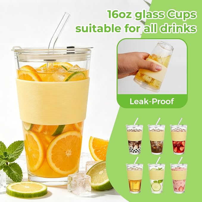 Birity 16oz Glass Cups with Lids and Straws,Glass tumbler With Straw and Lid-Reusable Iced Coffee Cups for Tea, Juice, Smoothies, Mason Jar Drinking Cup for Hot/Cold Drinks at Home,Office,Travel - Image 4
