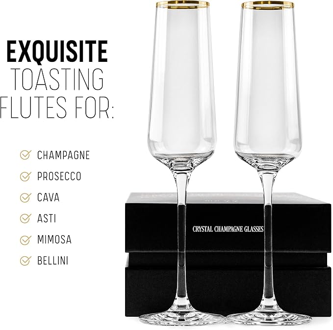 Gold Rim Champagne Gift Glasses | Set of 2 | Crystal Square Toasting Flutes for Bride and Groom, Wedding, Anniversary, Birthday | Elegant Long Stemmed Glassware for Sparkling Wine, Prosecco - Image 4