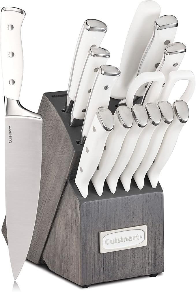 Cuisinart 15-Piece Knife Set with Block, High Carbon Stainless Steel, Forged Triple Rivet, White/Charcoal Gray C77WTR-15PCG by Cuisinart