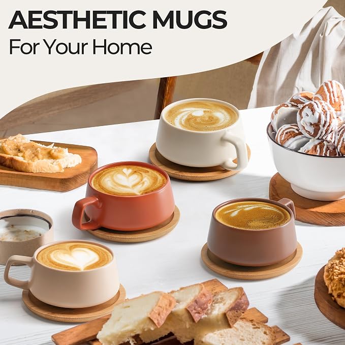 MIAMIO - Cappuccino Cup Set of 4, Ceramic (11oz) - Luxe (Beige Pastel) | Ceramic cappuccino cups and saucers, wide latte cups and mugs for Americano, 4-piece set of ceramic cups, dishwasher safe - Image 2