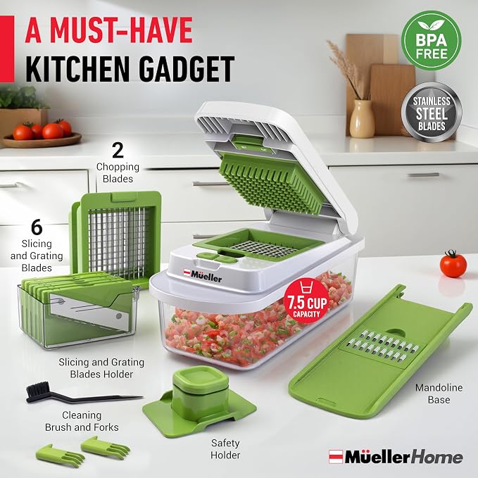 MUELLER HOME Pro-Series 10-in-1 Vegetable Chopper, 8 Blade Onion Mincer | Cutter, Dicer, Fruit Slicer with Container, French Fry Cutter Potato Slicer, Home Essentials, Salad Chopper White Sand/Green - Image 7