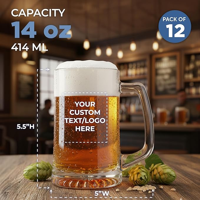 DISCOUNT PROMOS Custom ARC Glass Beer Mugs 14 oz. Set of 12, Personalized Bulk Pack - Great for Octoberfest, Pub, Restaurant - Clear