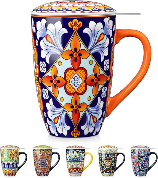 vancasso Ceramic Tea Mug with Infuser and Lid, 18 Ounce Bohemian Loose Leaf Cup, Microwave & Dishwasher Safe, Perfect for Tea, Coffee, Navy-Burnt Baroque by vancasso