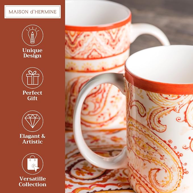 Maison d' Hermine Coffee Mug with Handles Tea Cups (15 Ounce, Pack of 2) | Fine Bone China Coffee Mugs for Hot Beverages Cappuccino Latte Home Restaurant Hotel Spring Summer -Palatial Paisley - Image 2