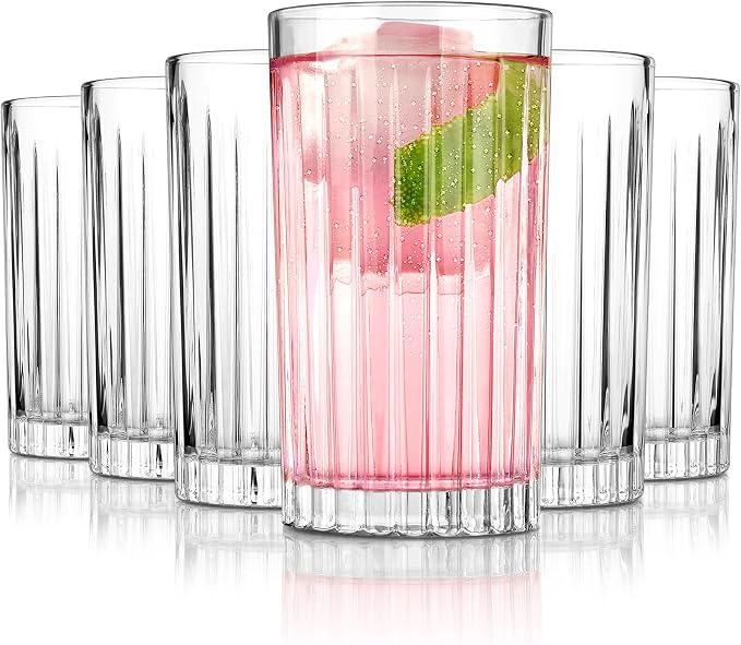 Royalrose Premium VertiLine 13.5oz Highball Glasses Set of 6 (Tall glasses) | Heavy Tall Glass Sets. Lead-Free Crystal Drinking Glasses. Water Glasses, Mojito Glass Cups, and Mixed Drink Cocktail Glasses by RoyalroseLLC