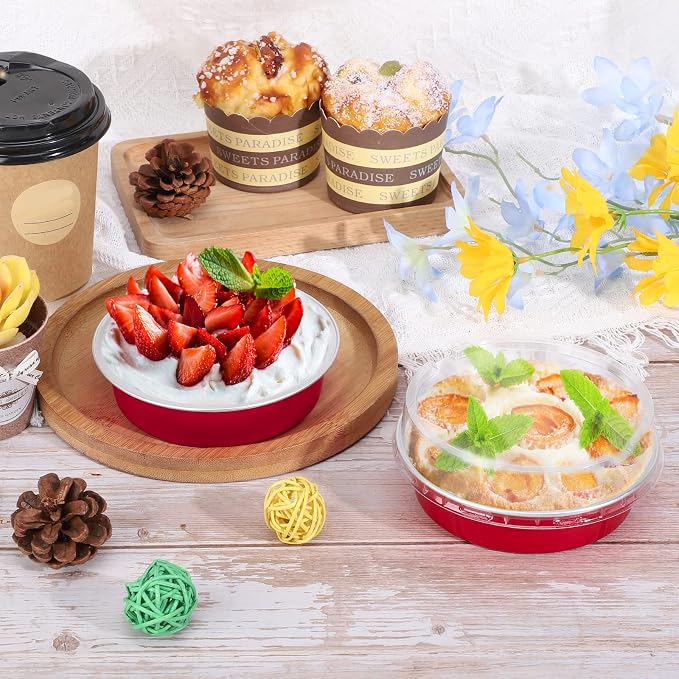 Beasea Disposable Mini Pie Tins with Lids, 20 Pack 4” 8oz Bright Red Aluminum Baking Foil Tins Small Round Tart Container for Individual Dessert Cupcake Muffin Cheesecake Ramekin Quiche Oven Dishes - Image 4