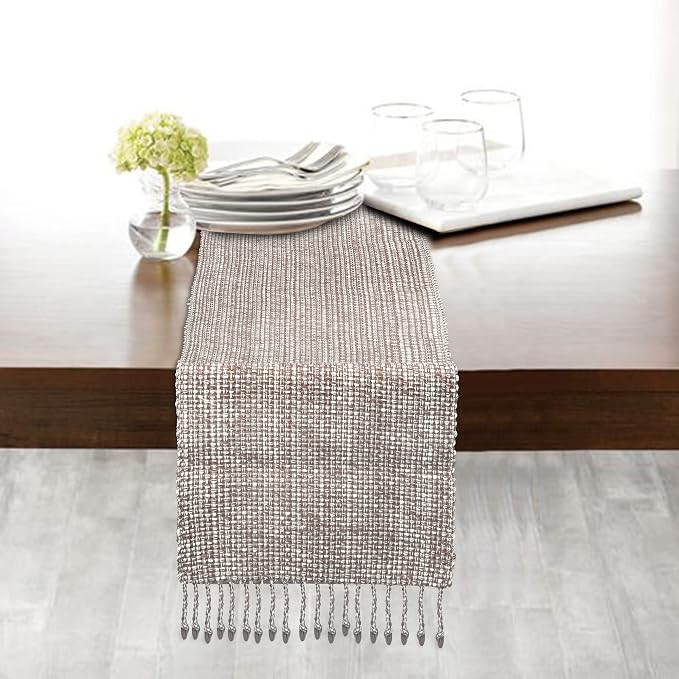 Urban Villa Two Tone Table Runner Cotton Quality 14x72 Taupe/White by CottonTrends