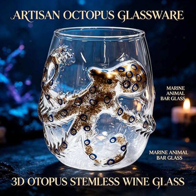 Artisanal Blue Ringed Octopus Glassware, 3D Octopus Stemless Wine Glasses | Handcrafted Marine Animal Bar Glass Collection, 12oz Octopus Drinking Cup for Cocktail, Ocean-Themed Coastal Home Decor Gift - Image 6