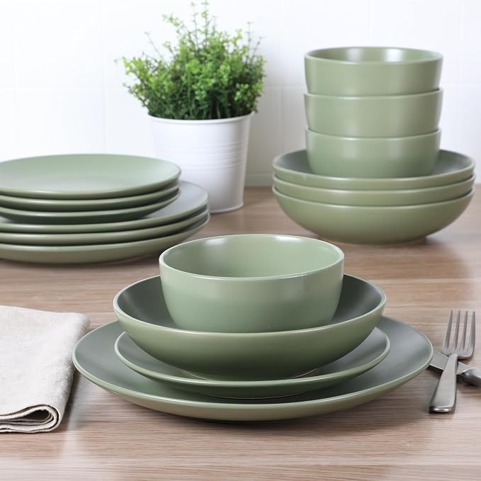 Gibson Home Queenslane 16-Piece Matte Green Stoneware Dinnerware Set – Double Bowl Plates and Bowls, Durable Kitchen Dinner Set - Image 6