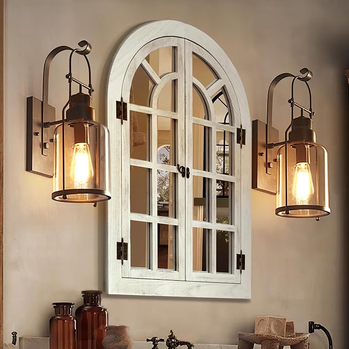 Window Mirrors for Wall Decor -White Arched Wall Mirror Farmhouse Wall Decor Wood Frame Decorative Wall Mirrors Like Window for Bedroom, Living Room, Entrance, Dining Room by Elissposar
