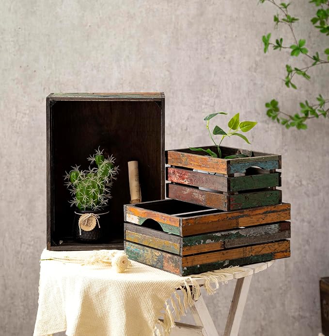 TIMRIS Set of 3 Rustic Distressed Wood Nesting Crates, Farmhouse Decorative Wooden Storage Boxes, Large Vintage Reclaimed Wood Baskets for Display (Random) - Image 5